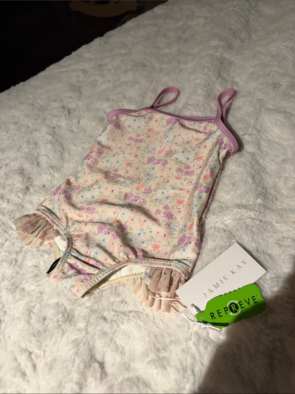 Jamie Kay Cream Floral Ruffle Swimsuit with Pink Trim